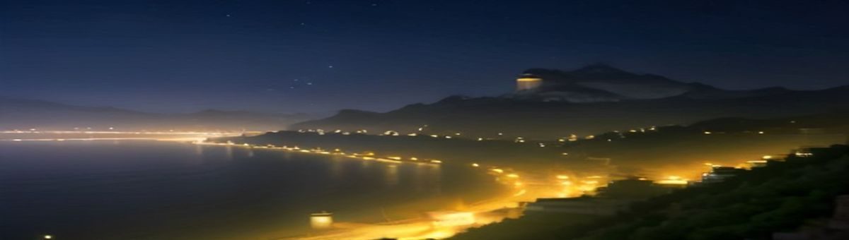 户外自然环境夜间拍摄场景，深蓝色夜空与城市灯光交相辉映，营造出户外露出网站资源导航的探索氛围